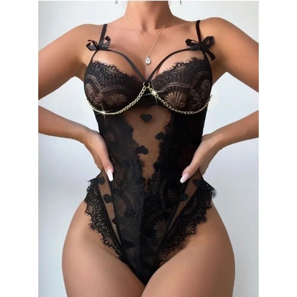 Size 12 XL Heart Print Lace Bow Front Chain Detail Teddy Bodysuit